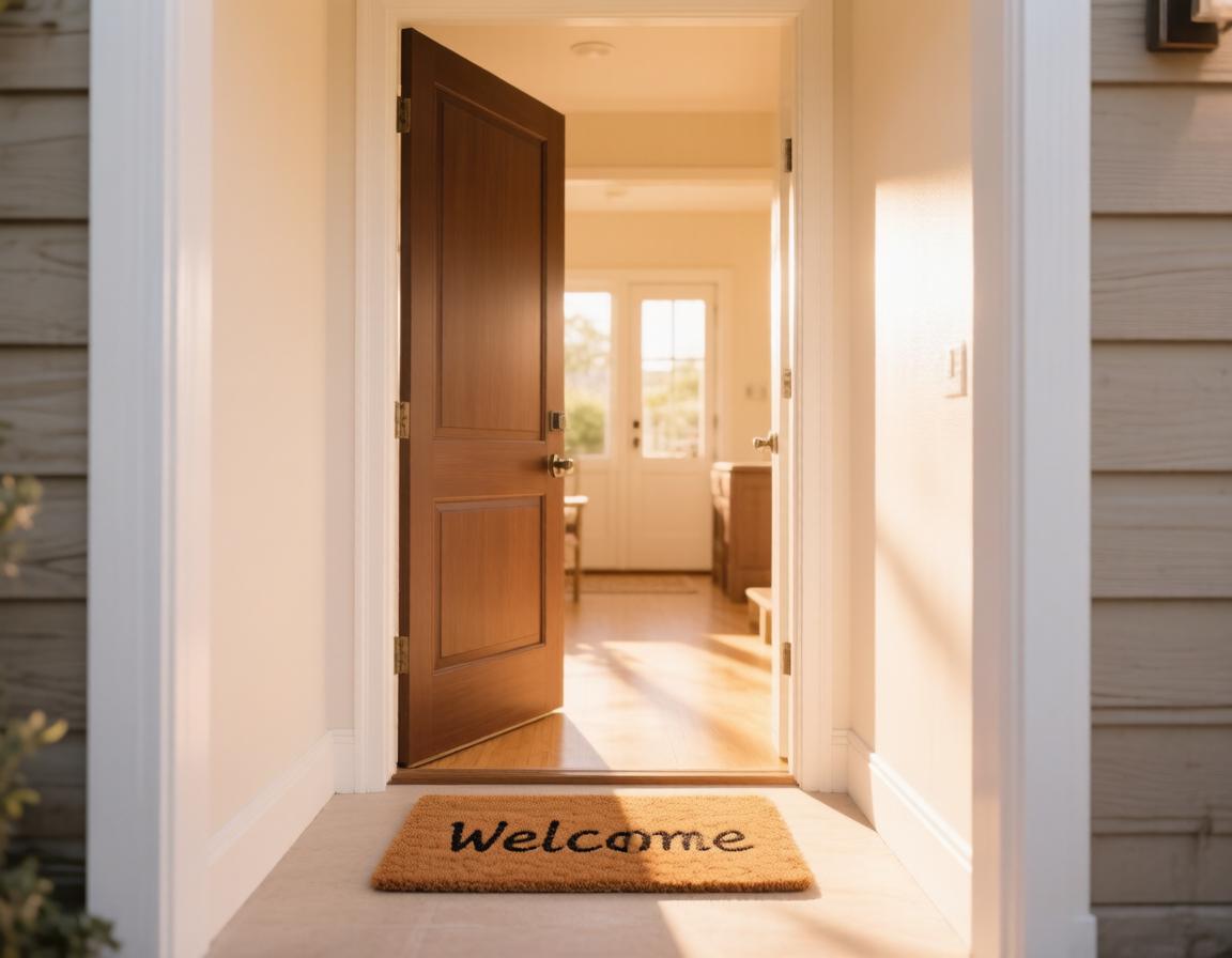Open front door with a welcome mat, morning light in the entryway