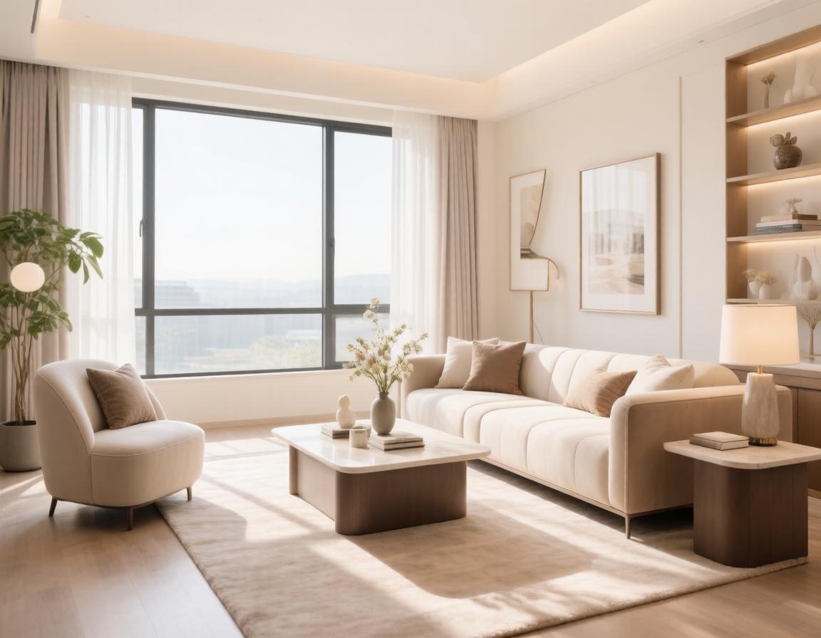 Bright, staged living room with large windows